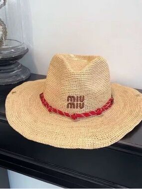 Miu Miu Tan Straw Fedora with Red Braided Band